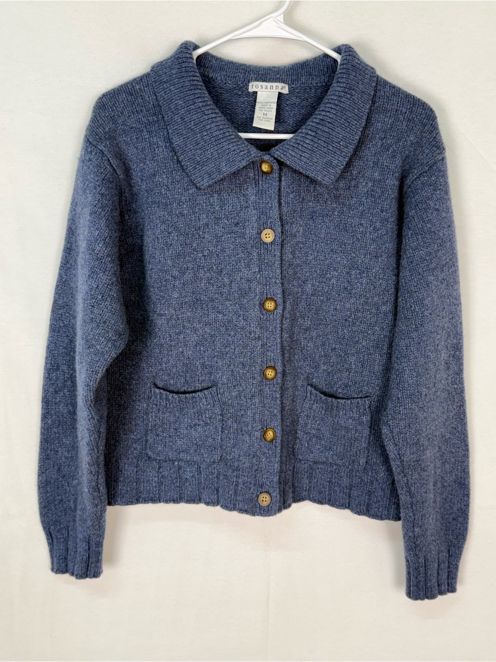 Rosanna 100% Lambswool Slate Blue Button-Front Collared Cardigan